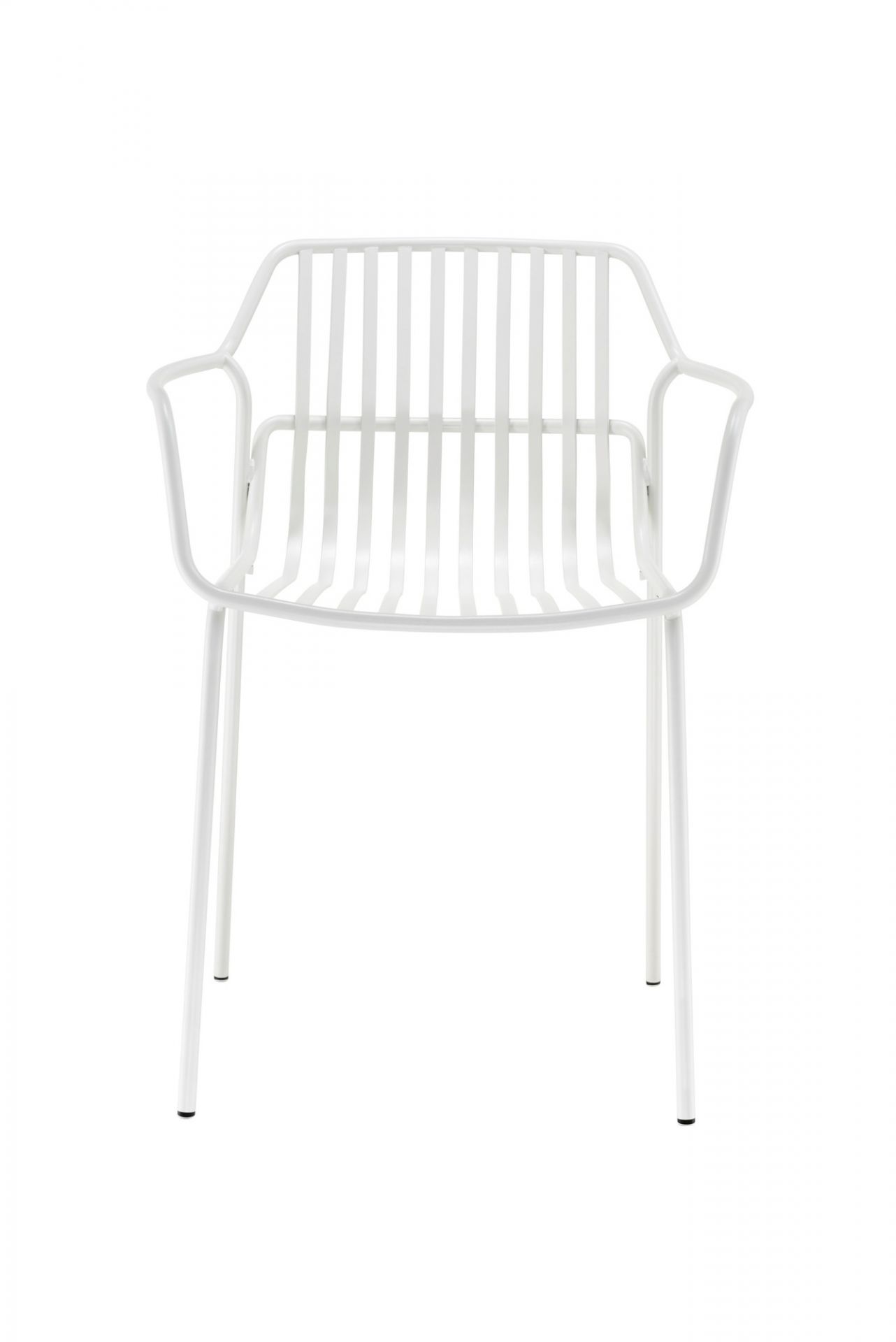 Weißer Crona Steel Stapelstuhl mit Armlehne von Brunner für den Außenbereich, Frontansicht.